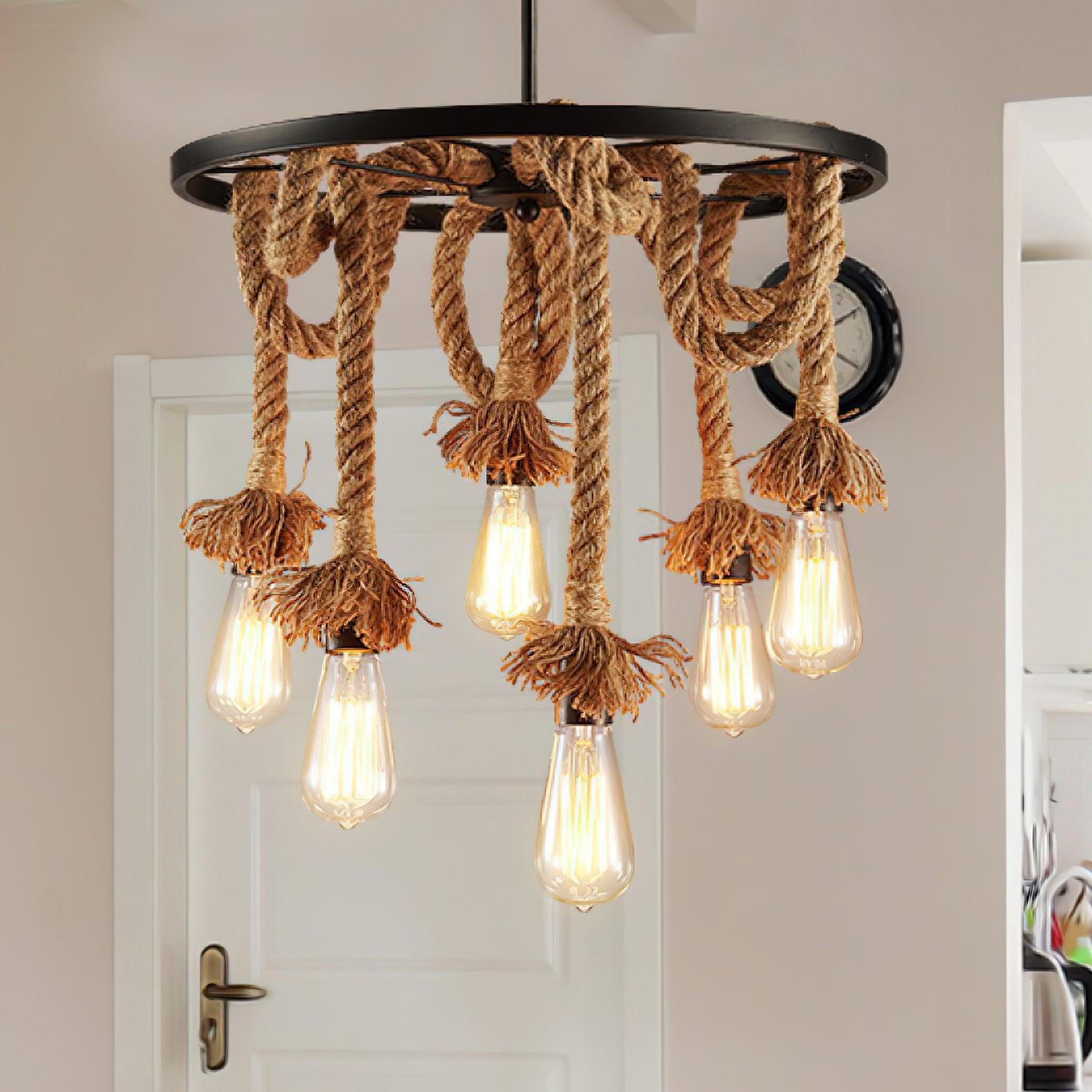 Lustra Chandelier Corde de Chanvre Industriel Six Têtes - Neutralighting