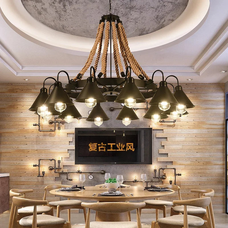 Lustre — Style industriel en ferronnerie et corde de chanvre