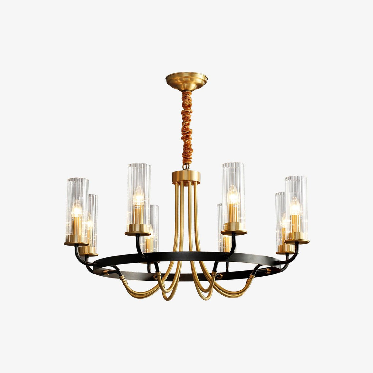 Chandelier Cadre Rond Noir Bras en Laiton avec Verre Cannelé - Neutralighting