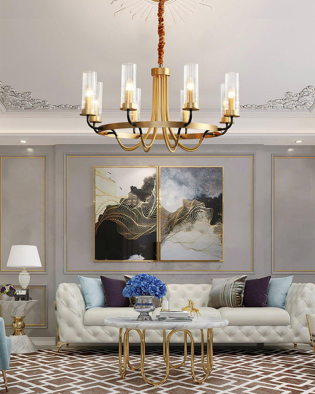Chandelier Cadre Rond Noir Bras en Laiton avec Verre Cannelé - Neutralighting