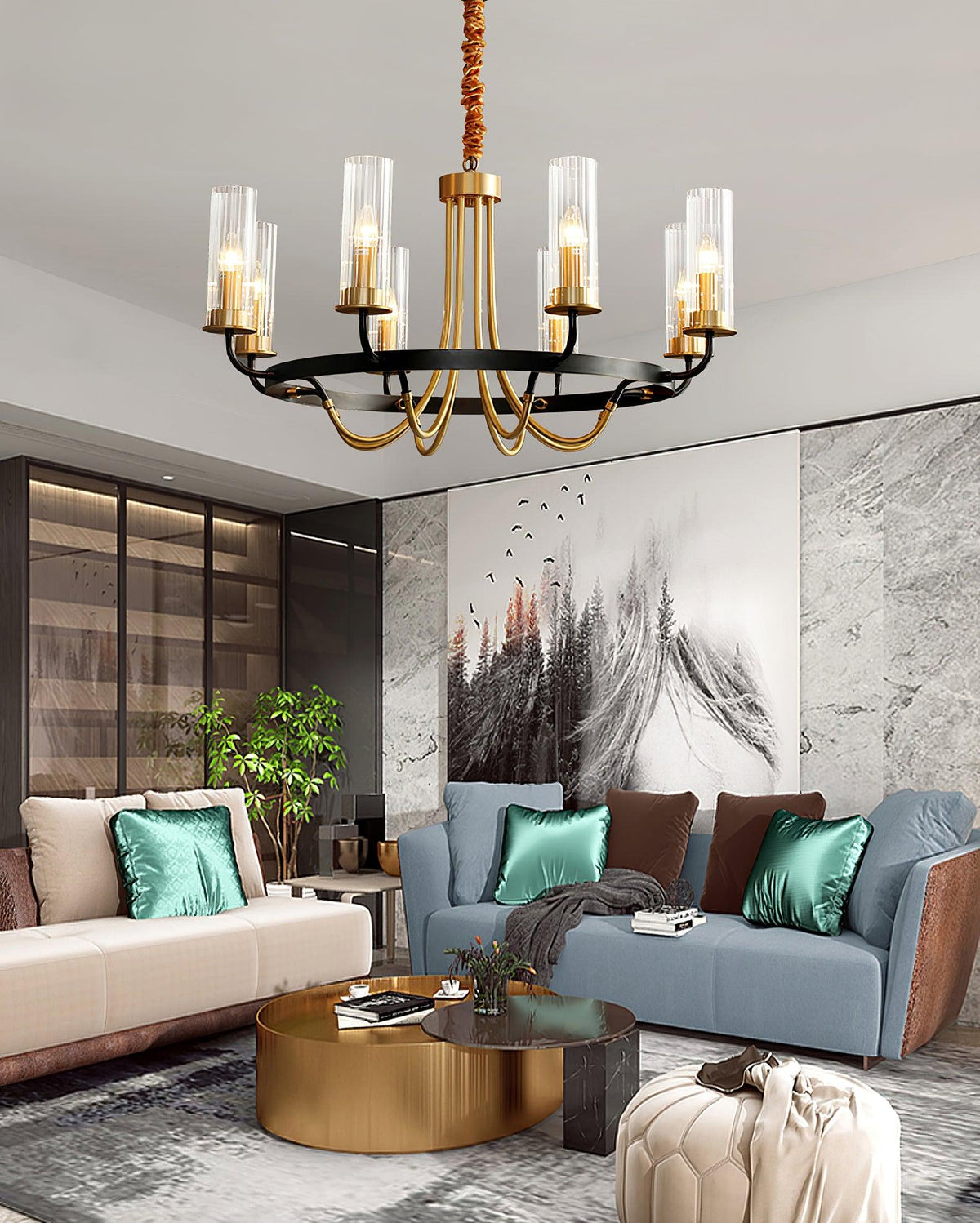 Chandelier Cadre Rond Noir Bras en Laiton avec Verre Cannelé - Neutralighting