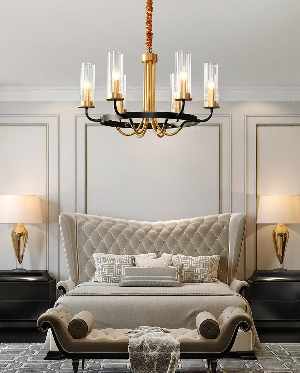 Chandelier Cadre Rond Noir Bras en Laiton avec Verre Cannelé - Neutralighting