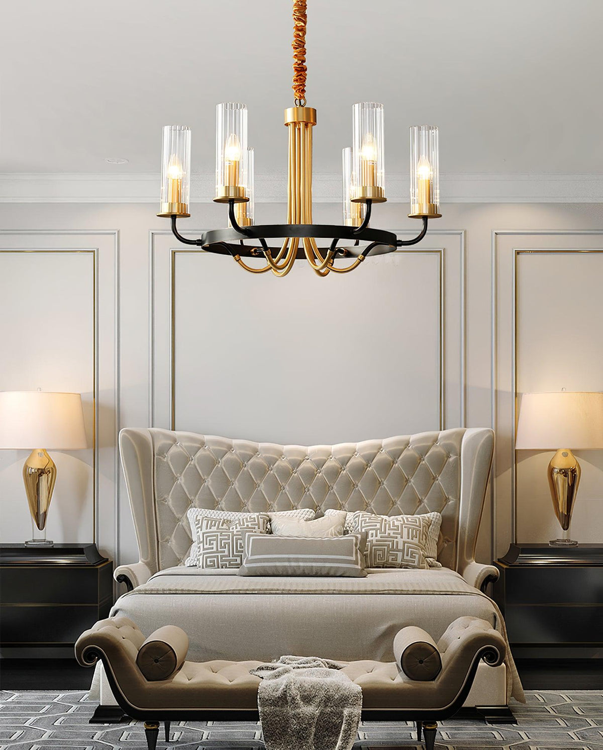Chandelier Cadre Rond Noir Bras en Laiton avec Verre Cannelé - Neutralighting
