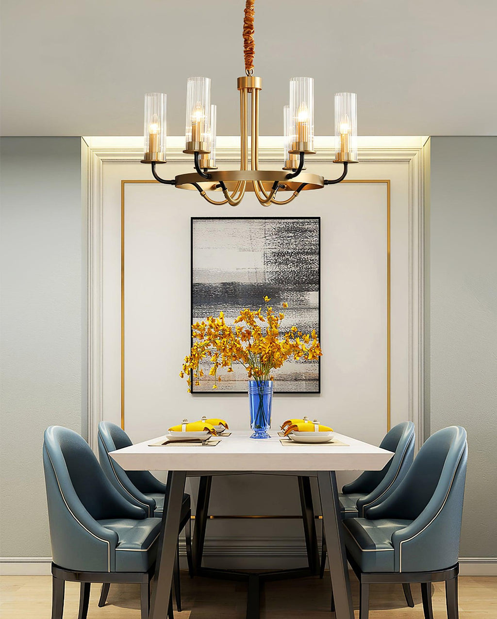 Chandelier Cadre Rond Noir Bras en Laiton avec Verre Cannelé - Neutralighting