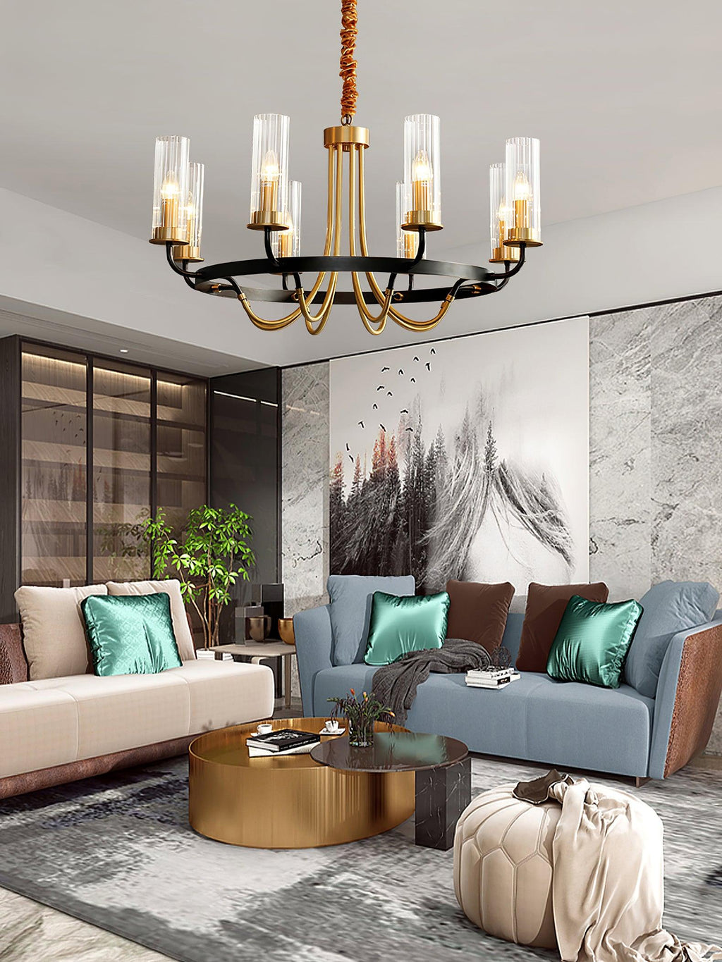 Chandelier Cadre Rond Noir Bras en Laiton avec Verre Cannelé - Neutralighting