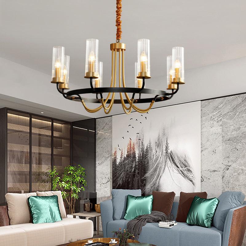 Chandelier Cadre Rond Noir Bras en Laiton avec Verre Cannelé - Neutralighting
