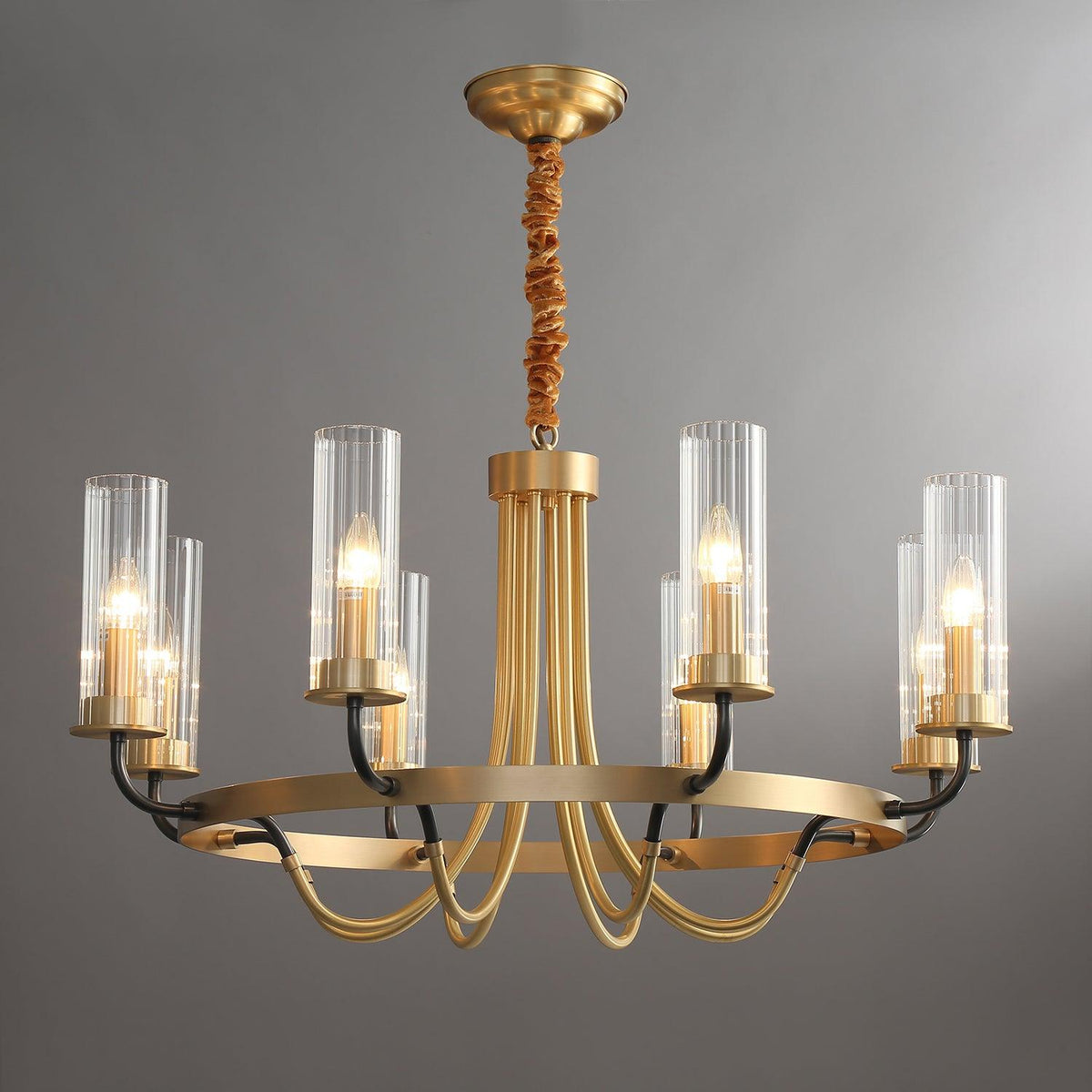 Chandelier Cadre Rond Noir Bras en Laiton avec Verre Cannelé - Neutralighting