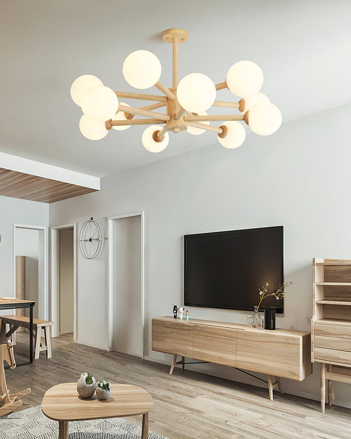 Lustra Chandelier en Bois Globe Minimaliste Naturel - Neutralighting