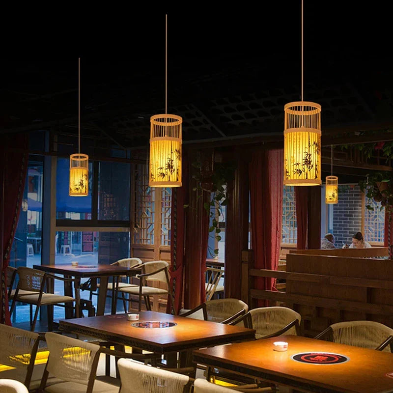 Lampe à poser — Suspendue Bambou à Motifs Noirs