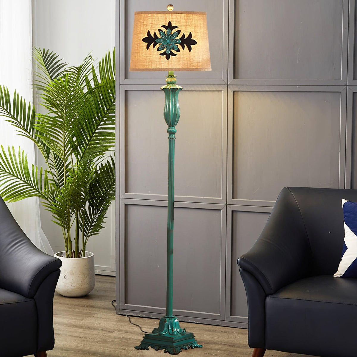 Tiffany Lampadaire Cylindre Vintage, Métal/Résine, Vert, Salon - Neutralighting