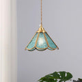 Suspension en Verre Bleu Texturé et Laiton Festonné Art Nouveau - Neutralighting