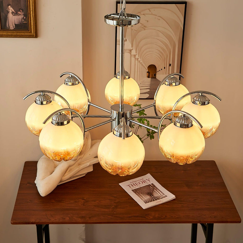 Chandelier Bras Courbés en Chrome avec Abat-jours en Globe Givré - Neutralighting