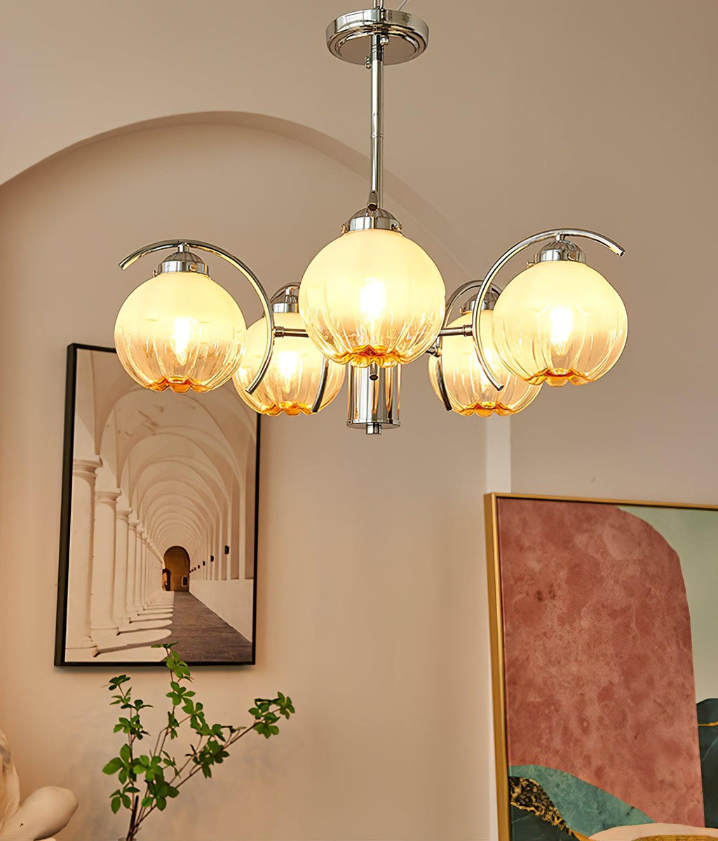 Chandelier Bras Courbés en Chrome avec Abat-jours en Globe Givré - Neutralighting