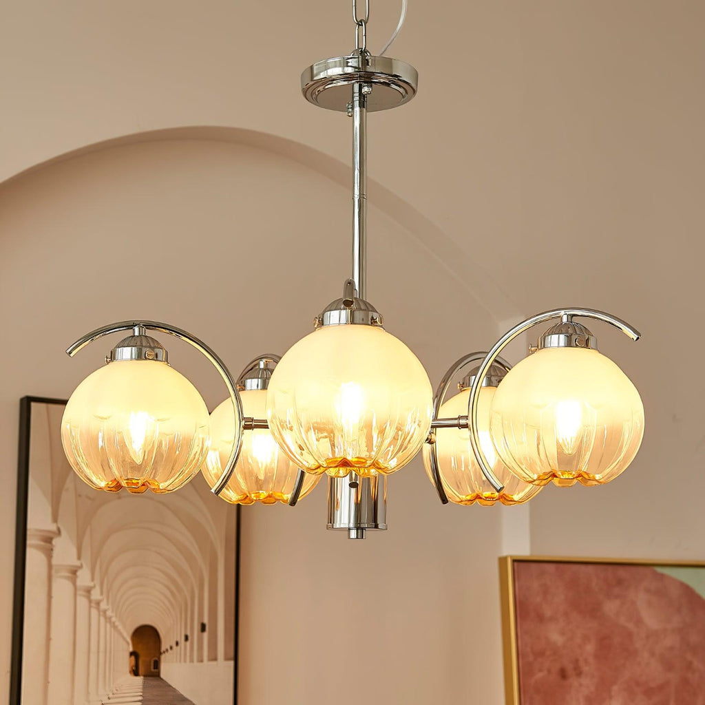 Chandelier Bras Courbés en Chrome avec Abat-jours en Globe Givré - Neutralighting