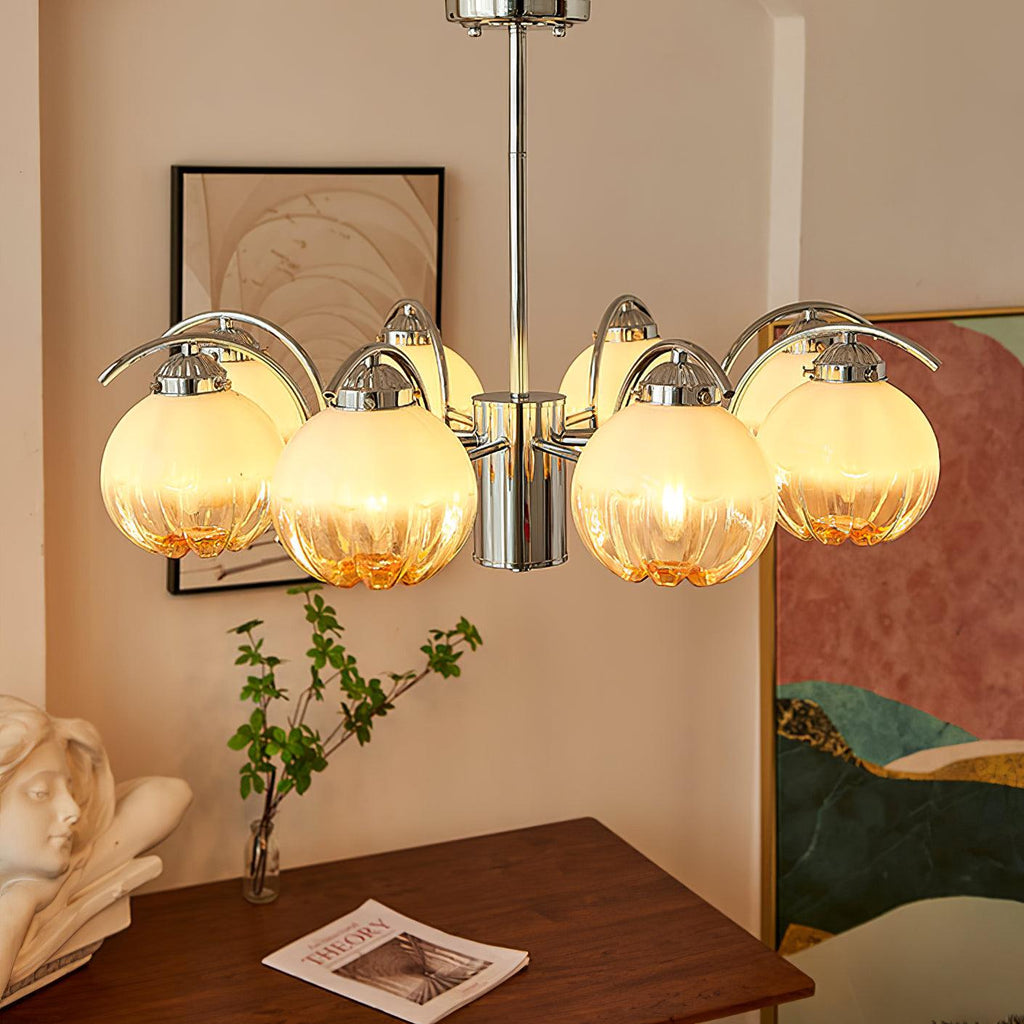 Chandelier Bras Courbés en Chrome avec Abat-jours en Globe Givré - Neutralighting