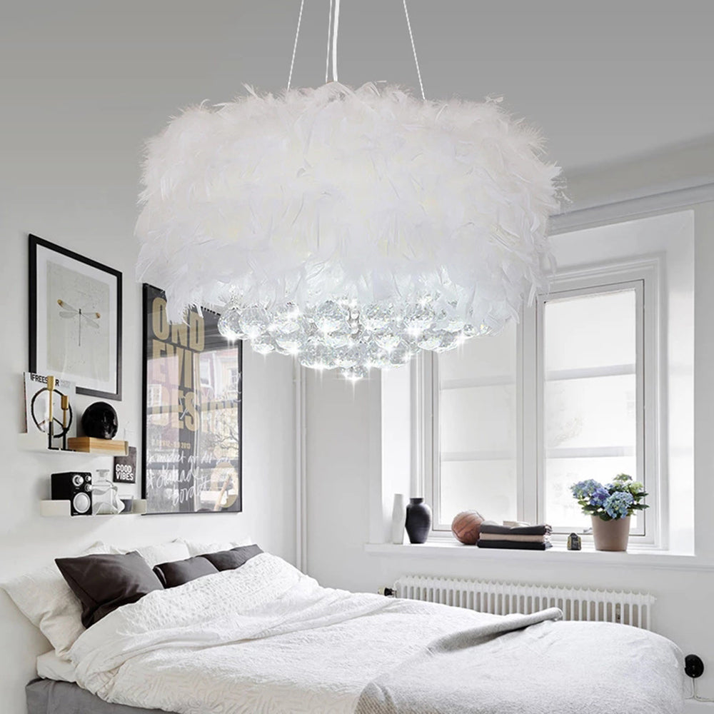 O'Moore Suspension Tambour Magnifique, Métal/Plume/Cristal, Blanc, Chambre à Coucher/Salon - Neutralighting