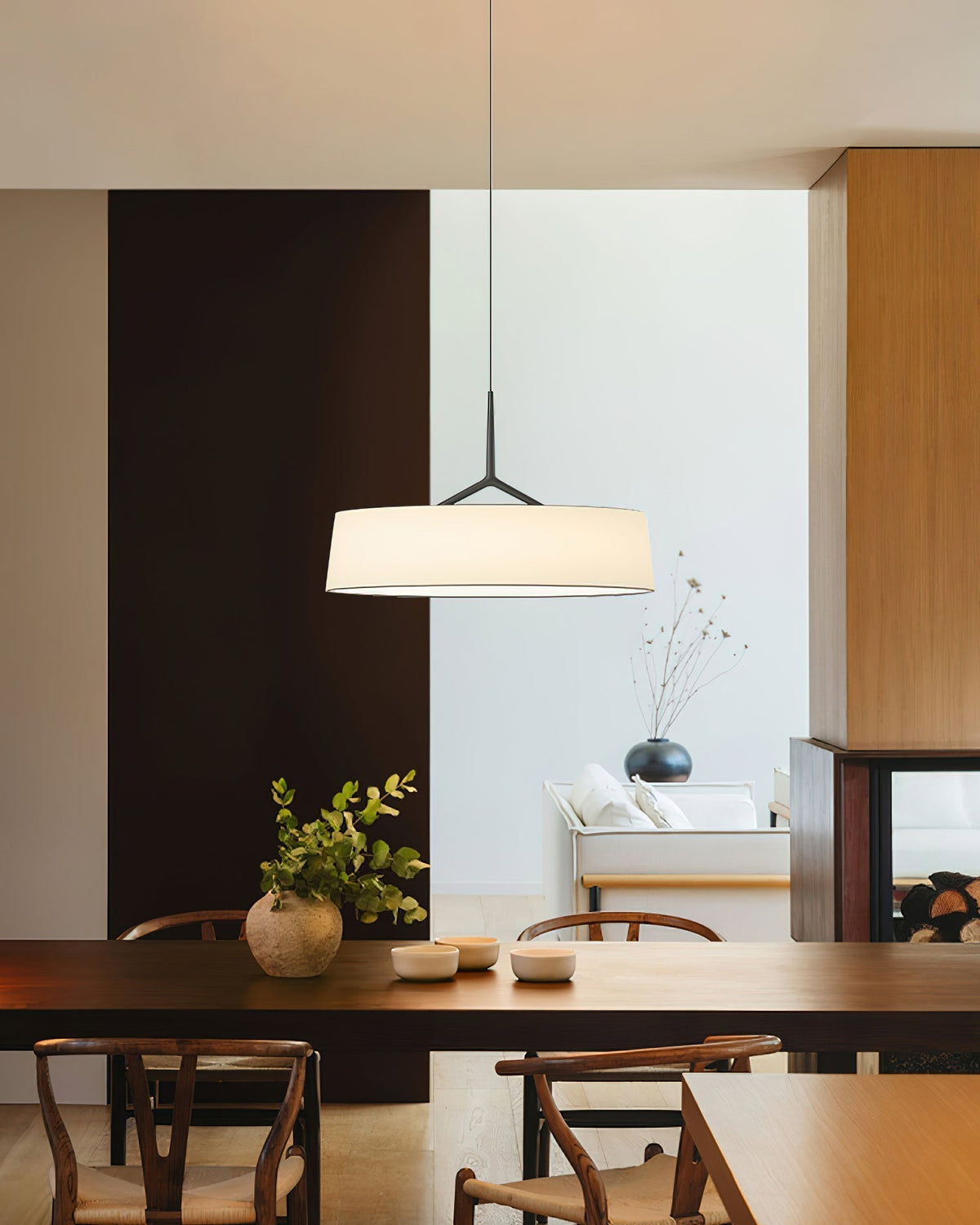 Virelli Lampe Pendante Abat-jour en Tissu Blanc Tambour Tige Noire Élégante Moderne - Neutralighting