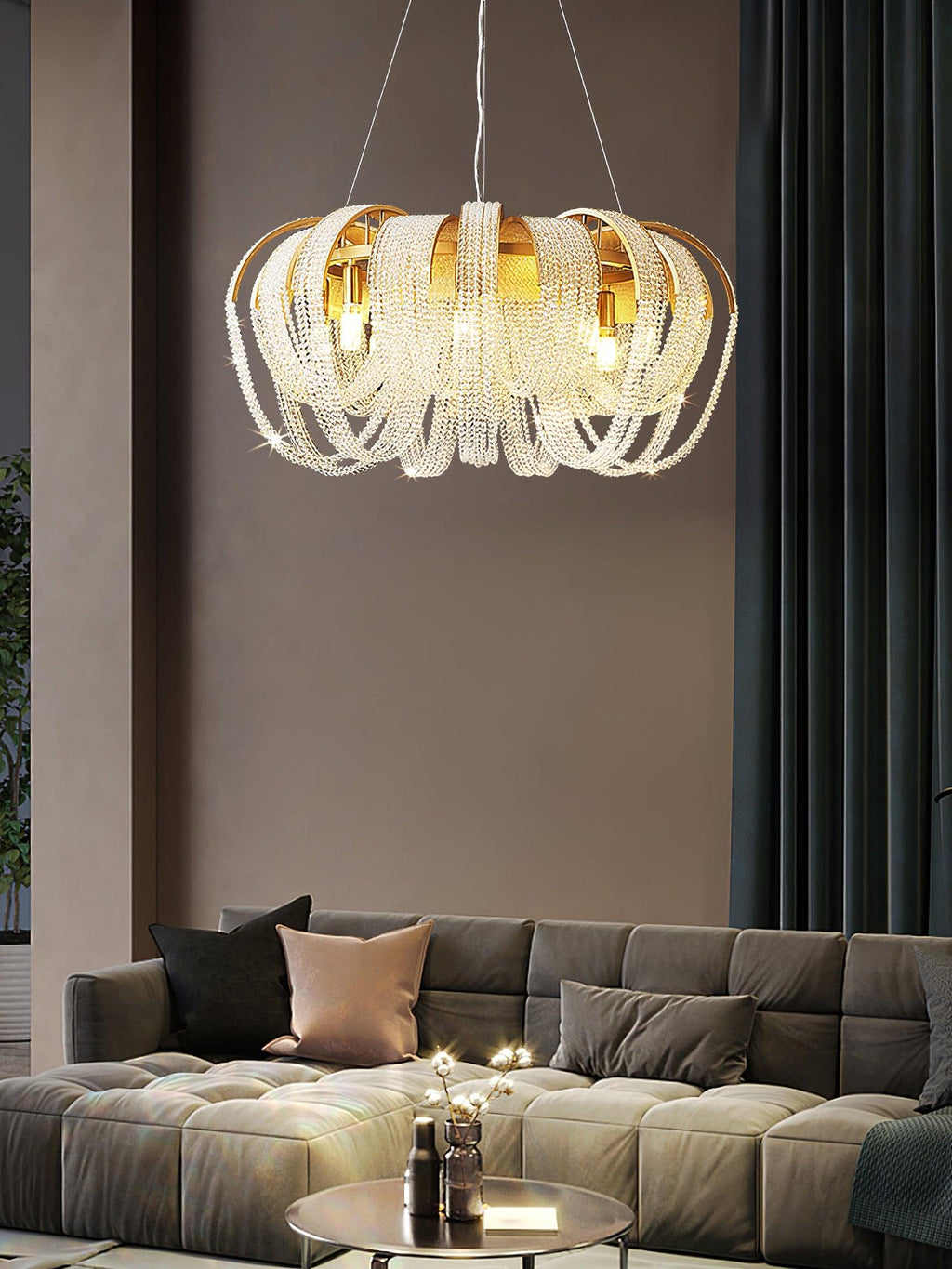 Lustra Chandelier Maille Cristal Doré Cascade Scintillante - Neutralighting