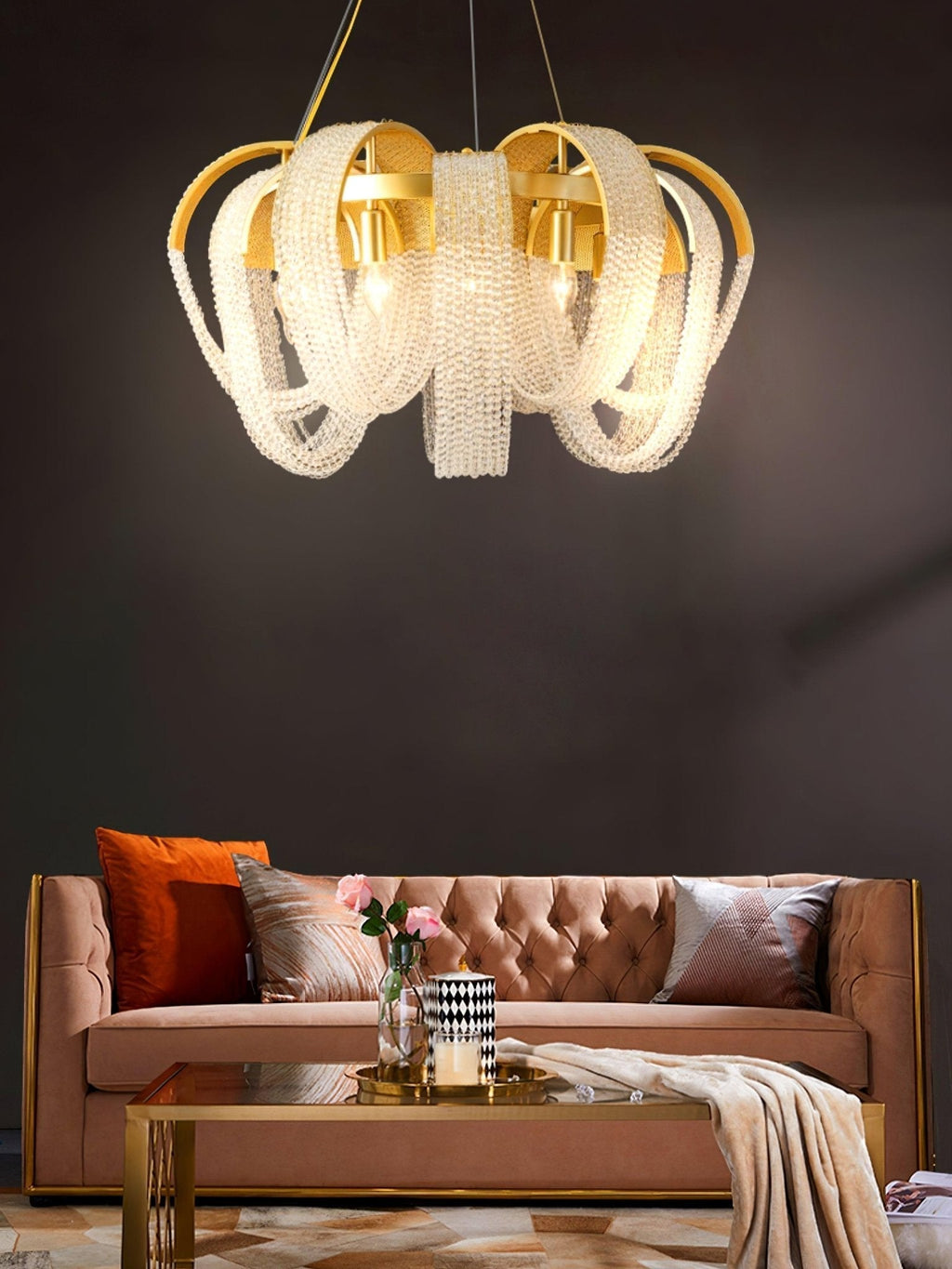 Lustra Chandelier Maille Cristal Doré Cascade Scintillante - Neutralighting
