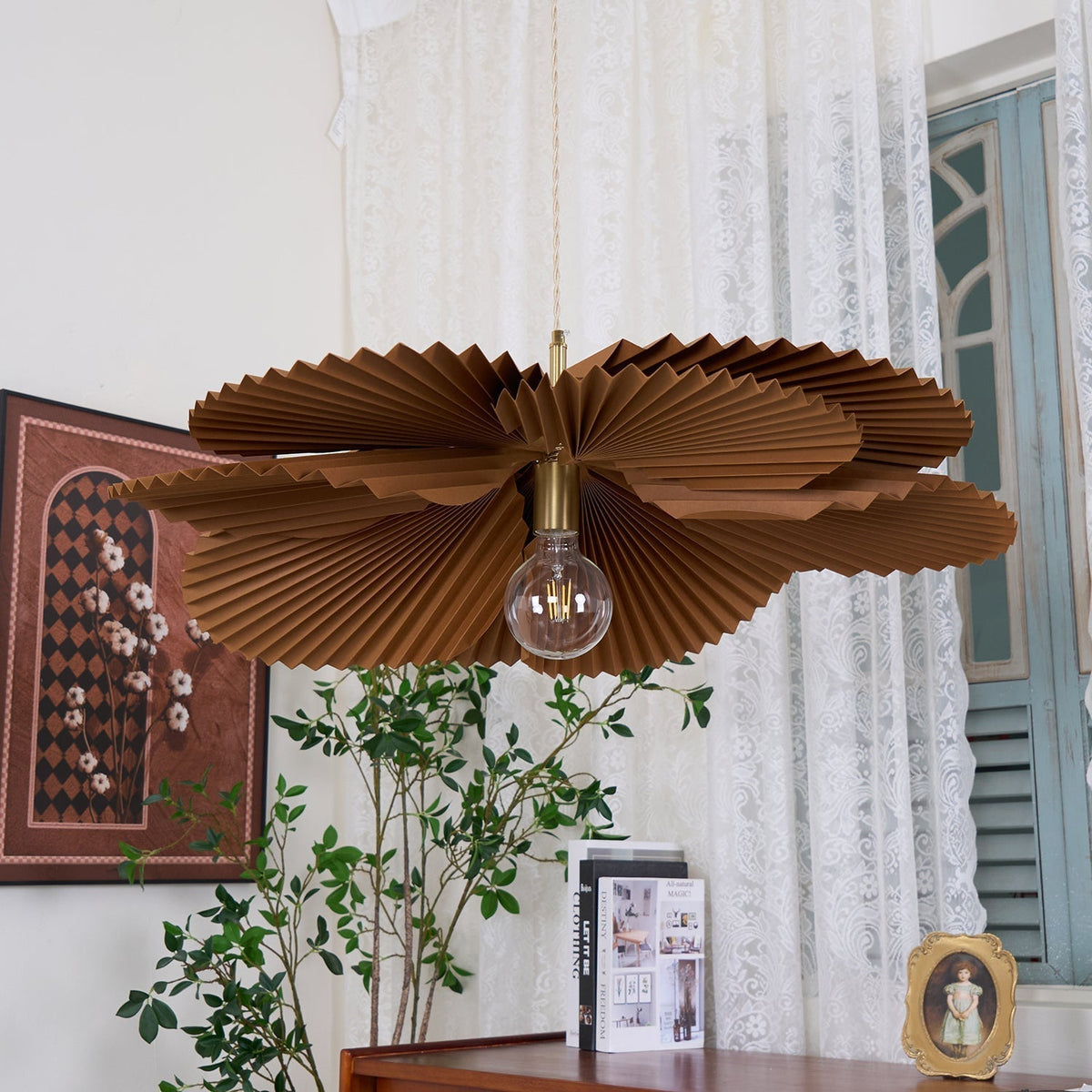 Pendant Lampe Avec Abat-jour Pétale en Papier Kraft Plissé Ambiance Chaleureuse - Neutralighting