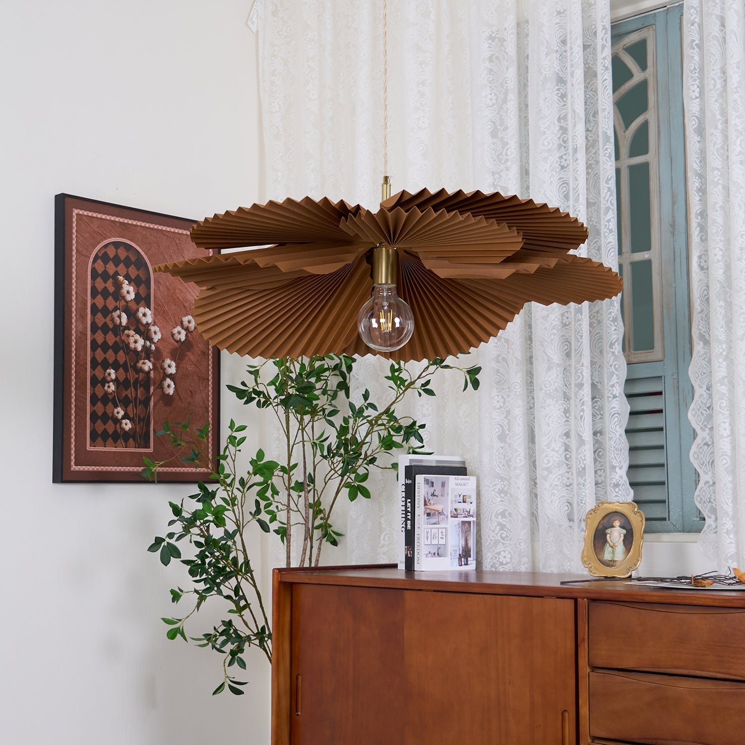 Pendant Lampe Avec Abat-jour Pétale en Papier Kraft Plissé Ambiance Chaleureuse - Neutralighting