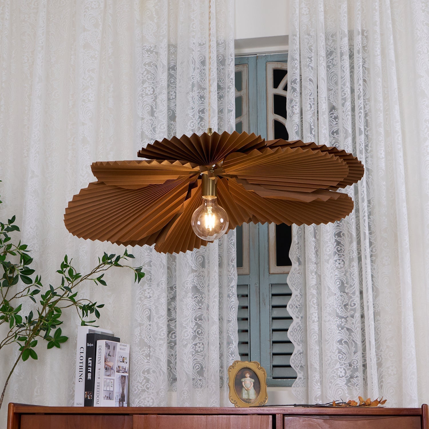 Pendant Lampe Avec Abat-jour Pétale en Papier Kraft Plissé Ambiance Chaleureuse - Neutralighting