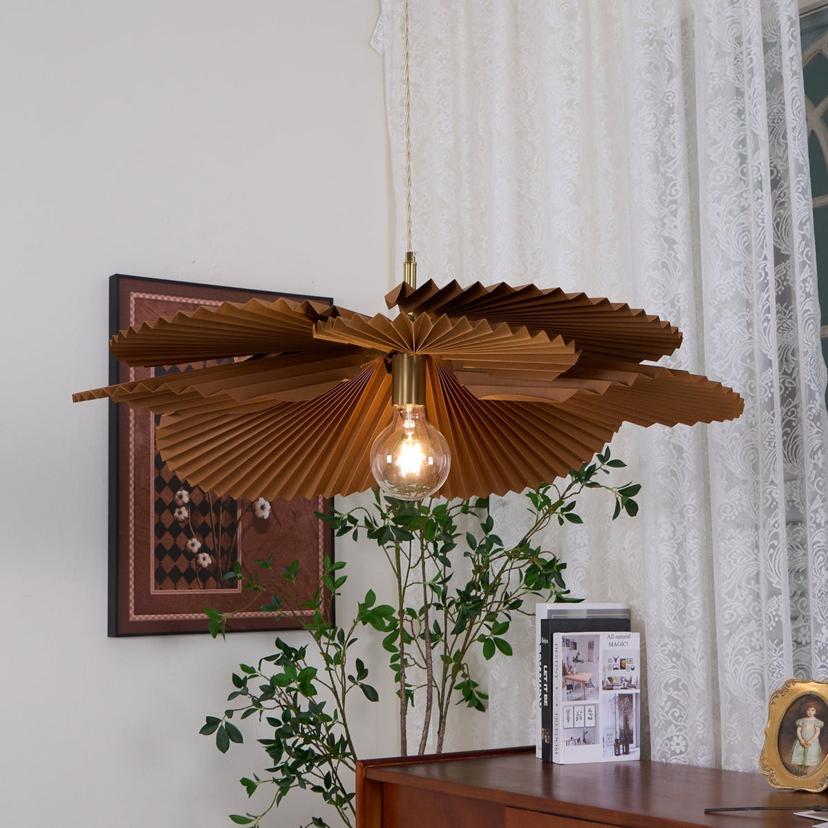 Pendant Lampe Avec Abat-jour Pétale en Papier Kraft Plissé Ambiance Chaleureuse - Neutralighting