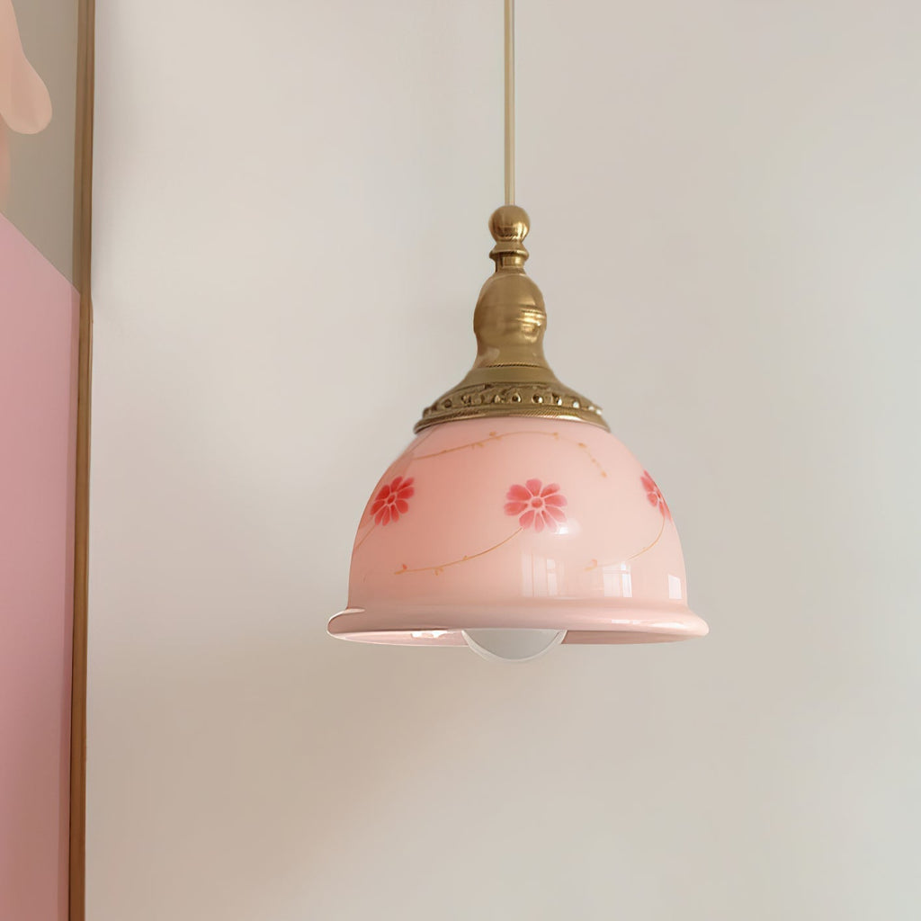 Suspension Laiton Verre Floral Modèle Dôme Ombre Ancien - Neutralighting
