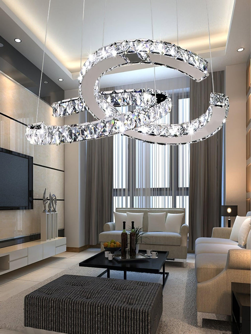 Lustra Chandelier Cristal Double C Moderne Argent 2-Rings - Neutralighting