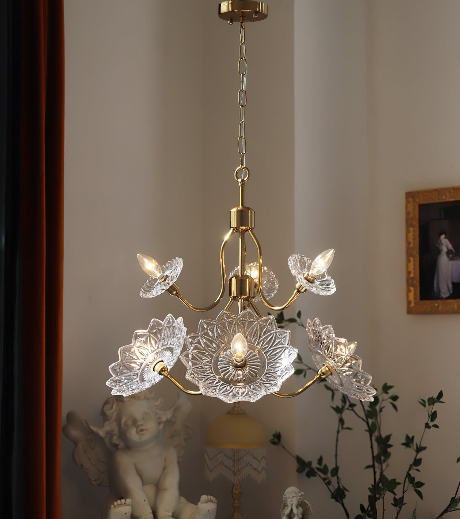 Lustra Chandelier Vintage Floral en Verre et Laiton - Neutralighting