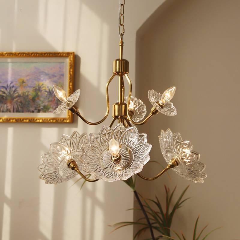 Lustra Chandelier Vintage Floral en Verre et Laiton - Neutralighting