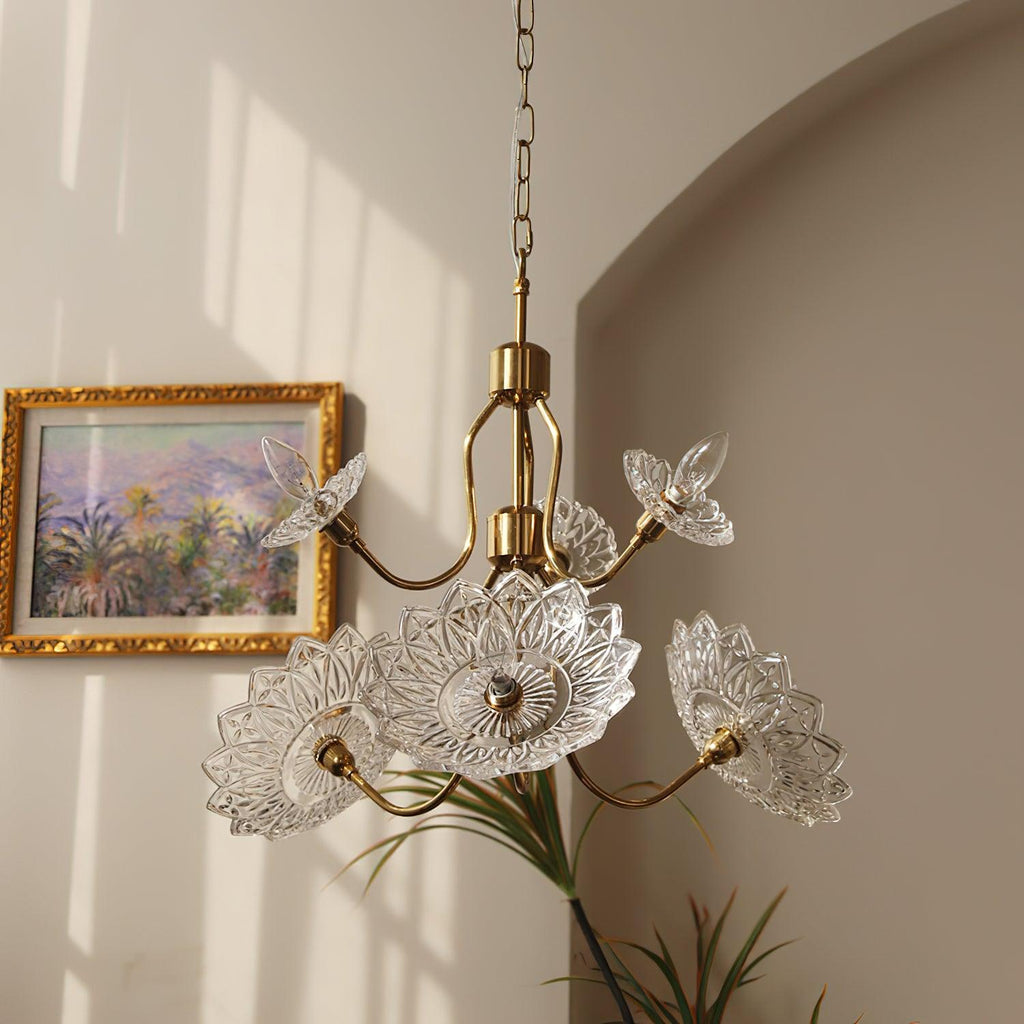 Lustra Chandelier Vintage Floral en Verre et Laiton - Neutralighting