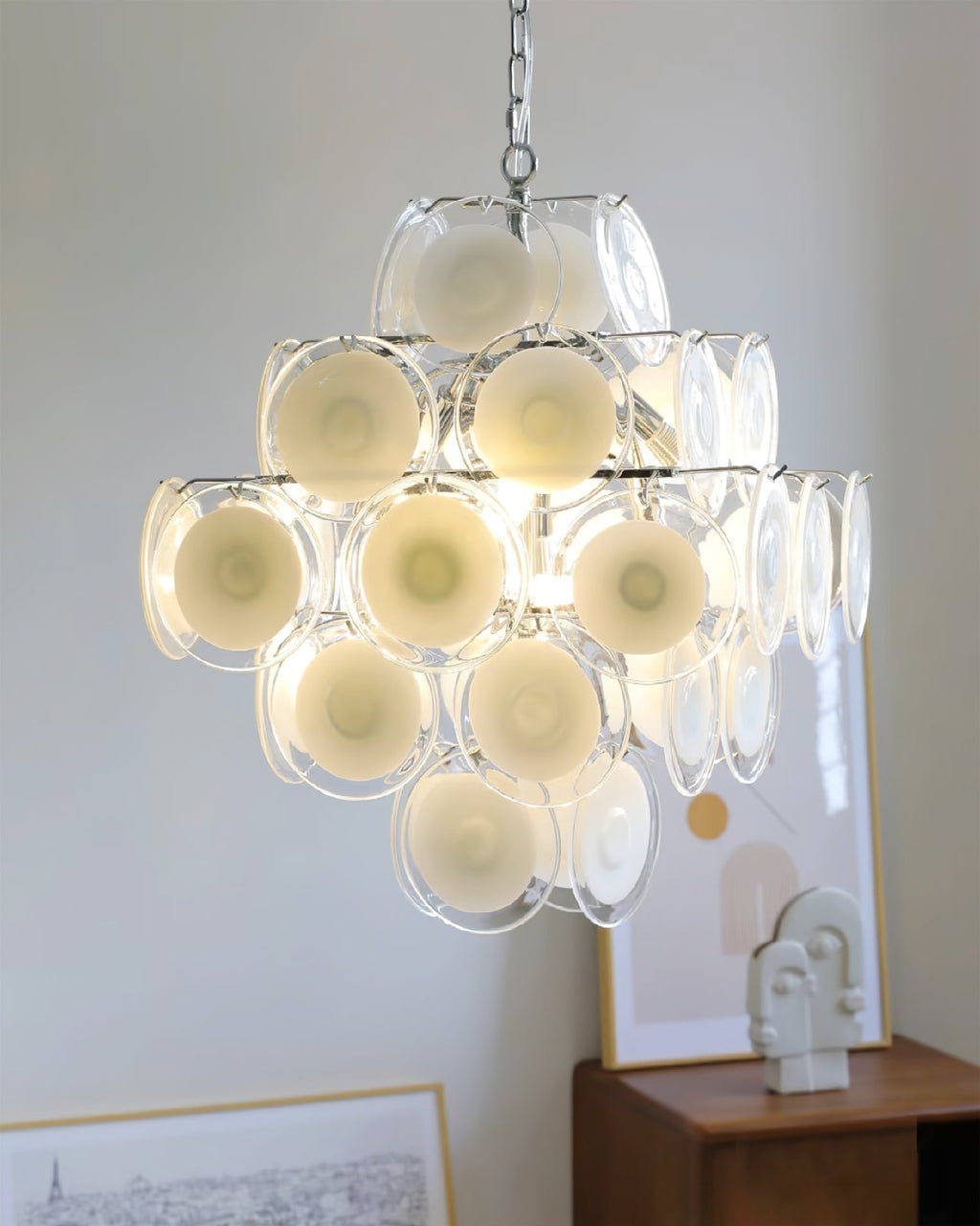 Aurora Lustre Blanc Murano Verre Disques Grappe - Neutralighting