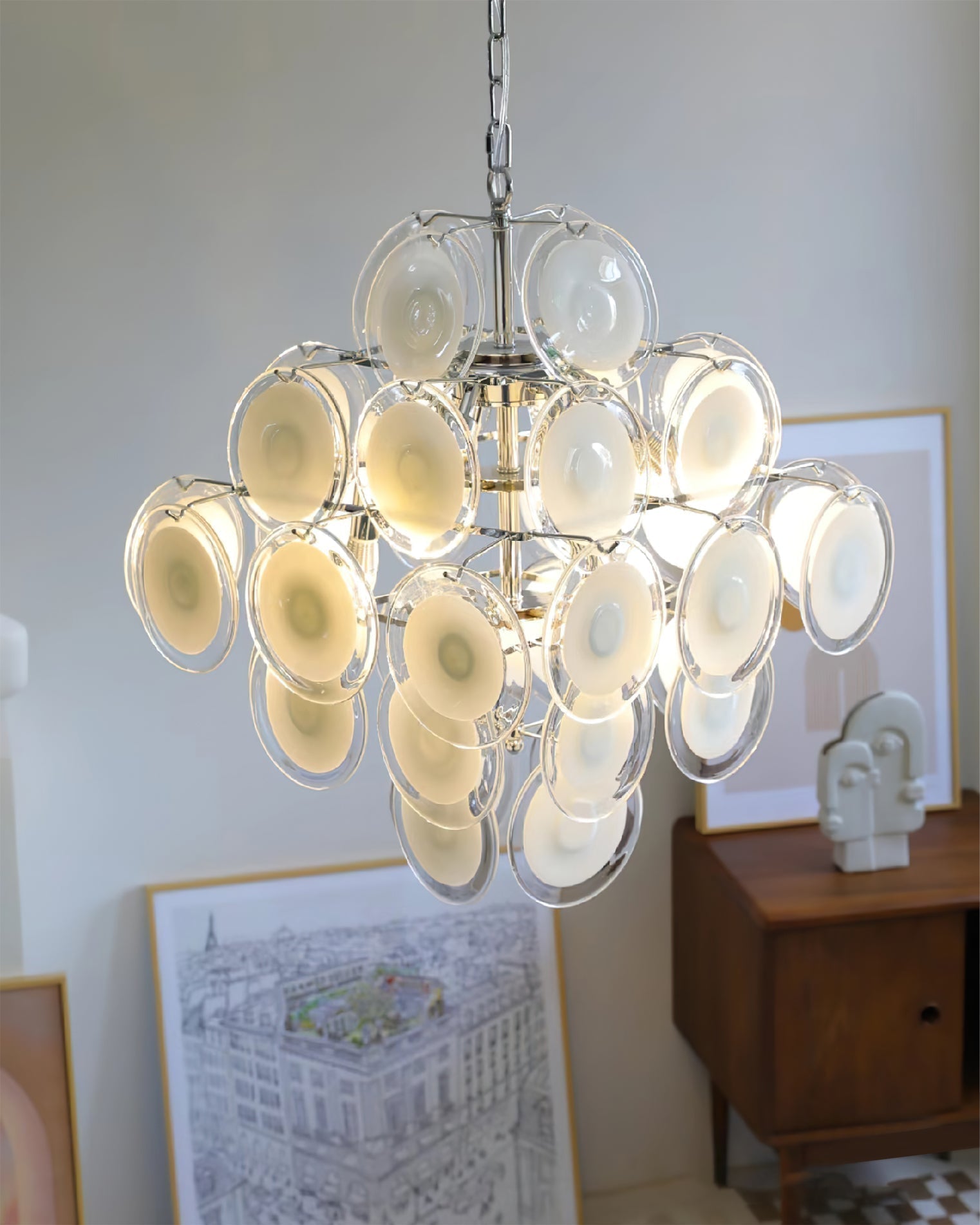 Aurora Lustre Blanc Murano Verre Disques Grappe - Neutralighting