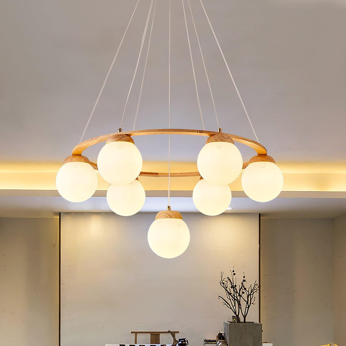 Lustra Lustre en Bois avec Anneau et Globes - Neutralighting