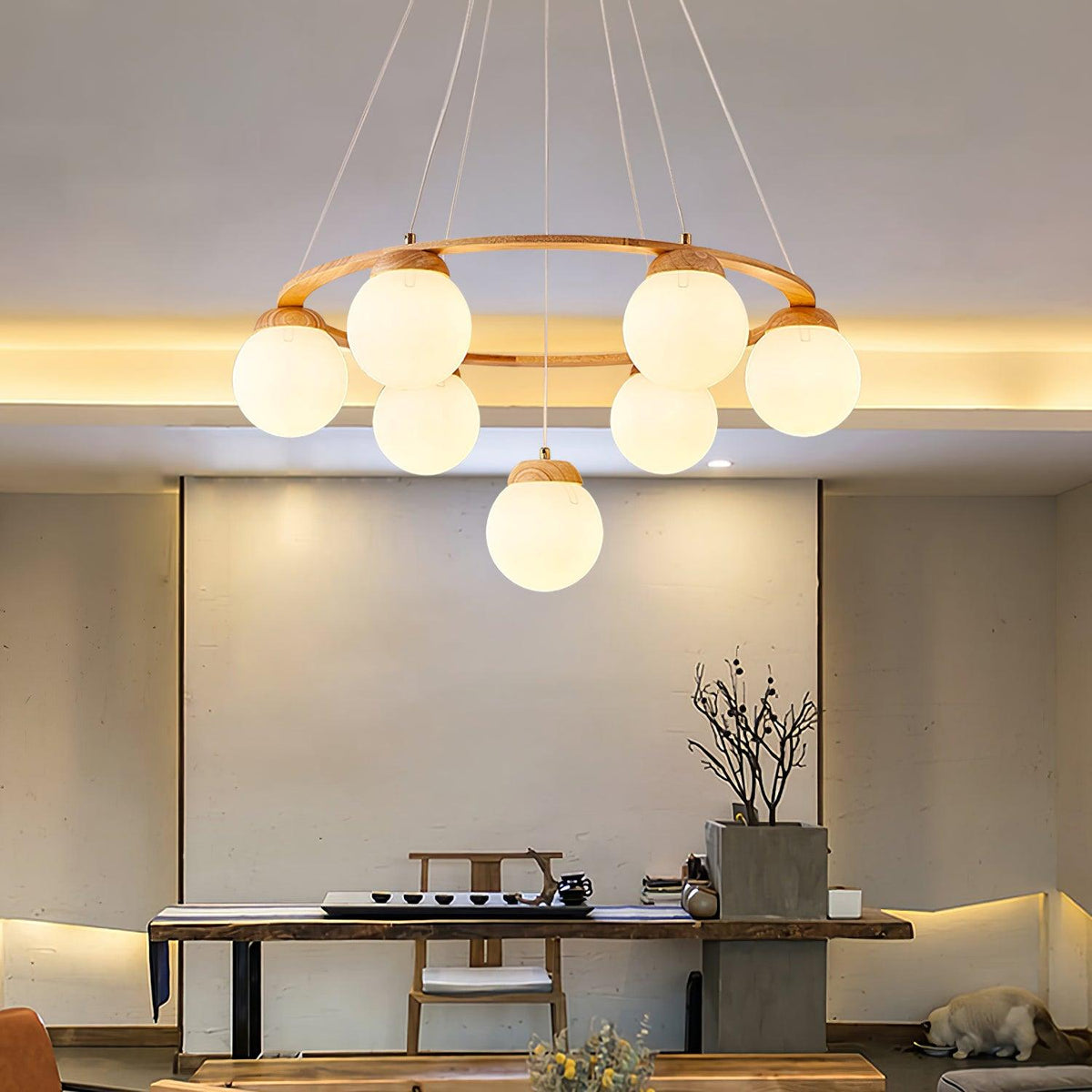 Lustra Lustre en Bois avec Anneau et Globes - Neutralighting