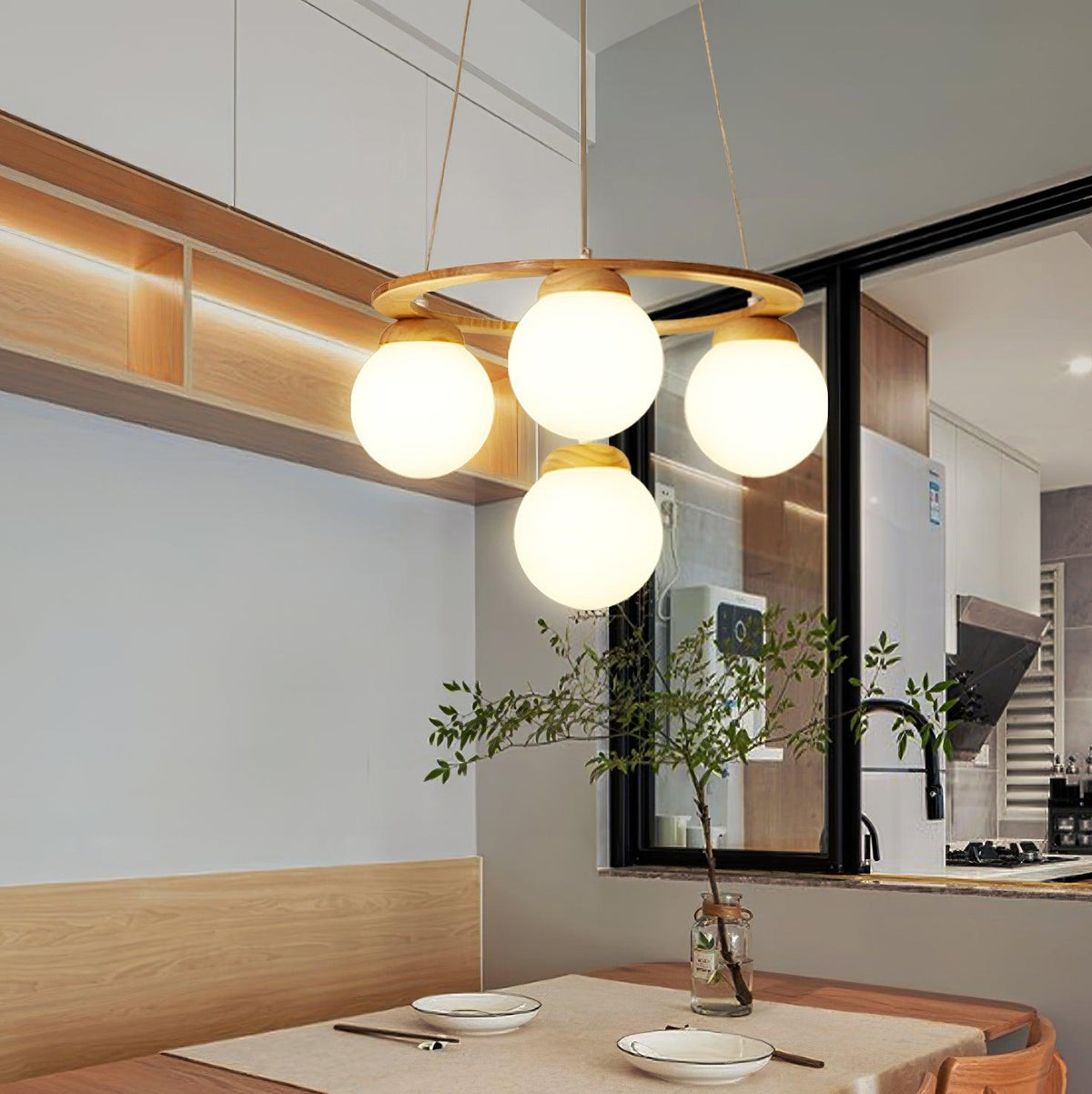 Lustra Lustre en Bois avec Anneau et Globes - Neutralighting