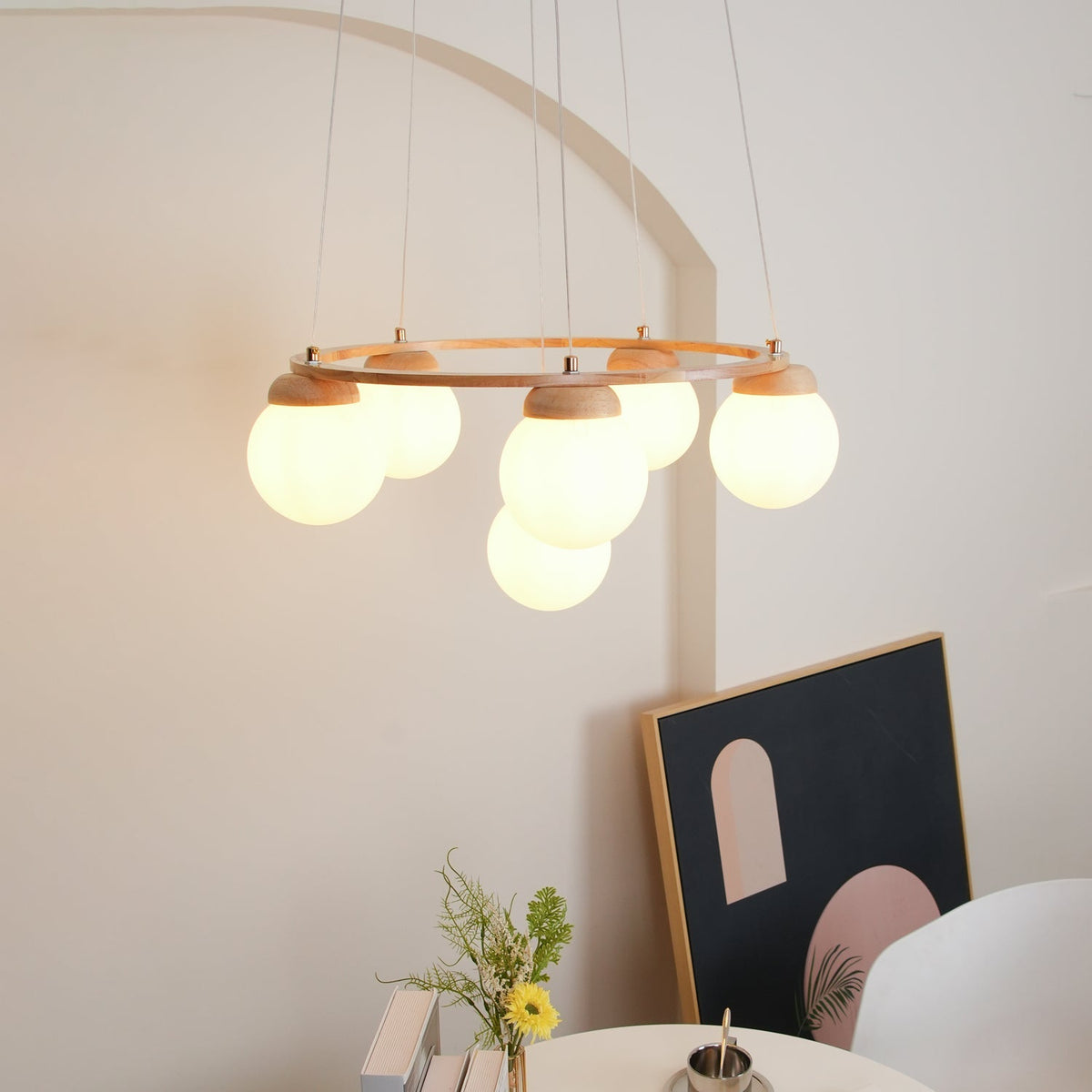 Lustra Lustre en Bois avec Anneau et Globes - Neutralighting