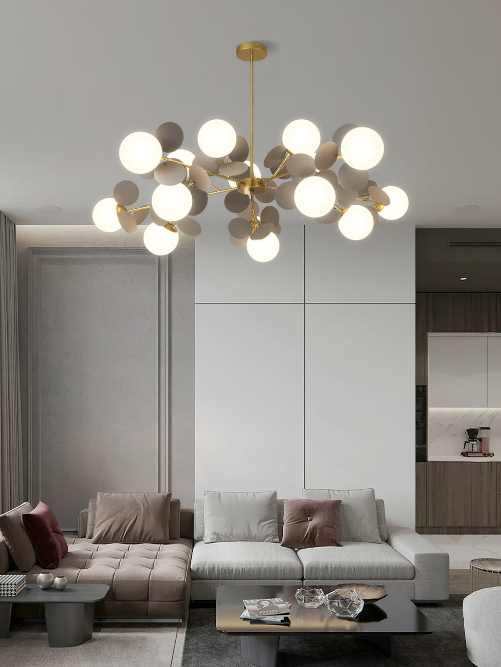 Lustra Chandelier Arbre Blanc Cassé à Huit Abat-jours Ouverts - Neutralighting