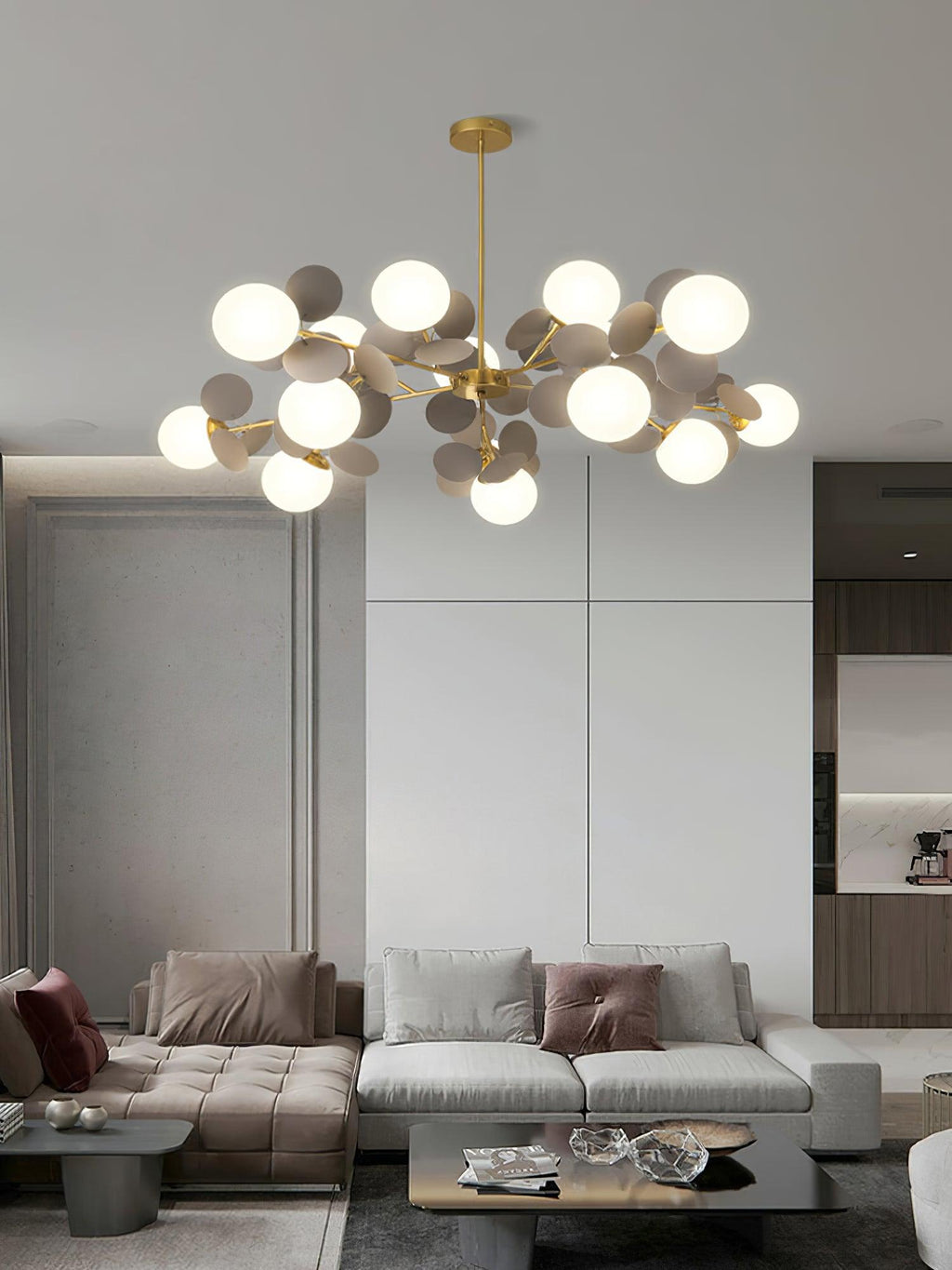 Lustra Chandelier Arbre Blanc Cassé à Huit Abat-jours Ouverts - Neutralighting