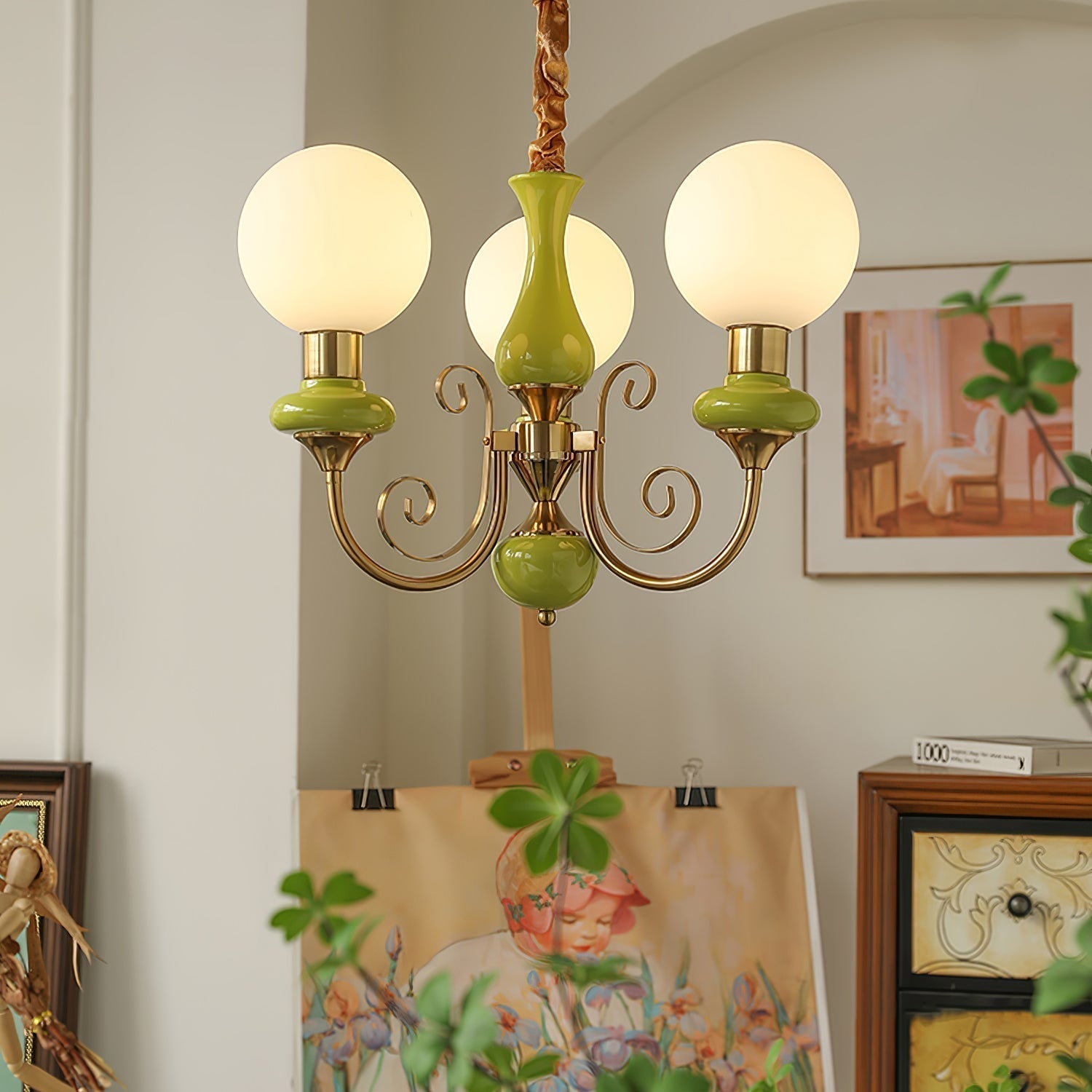 Lustra Chandelier Abat-jours Verts Bras Courbés en Or - Neutralighting