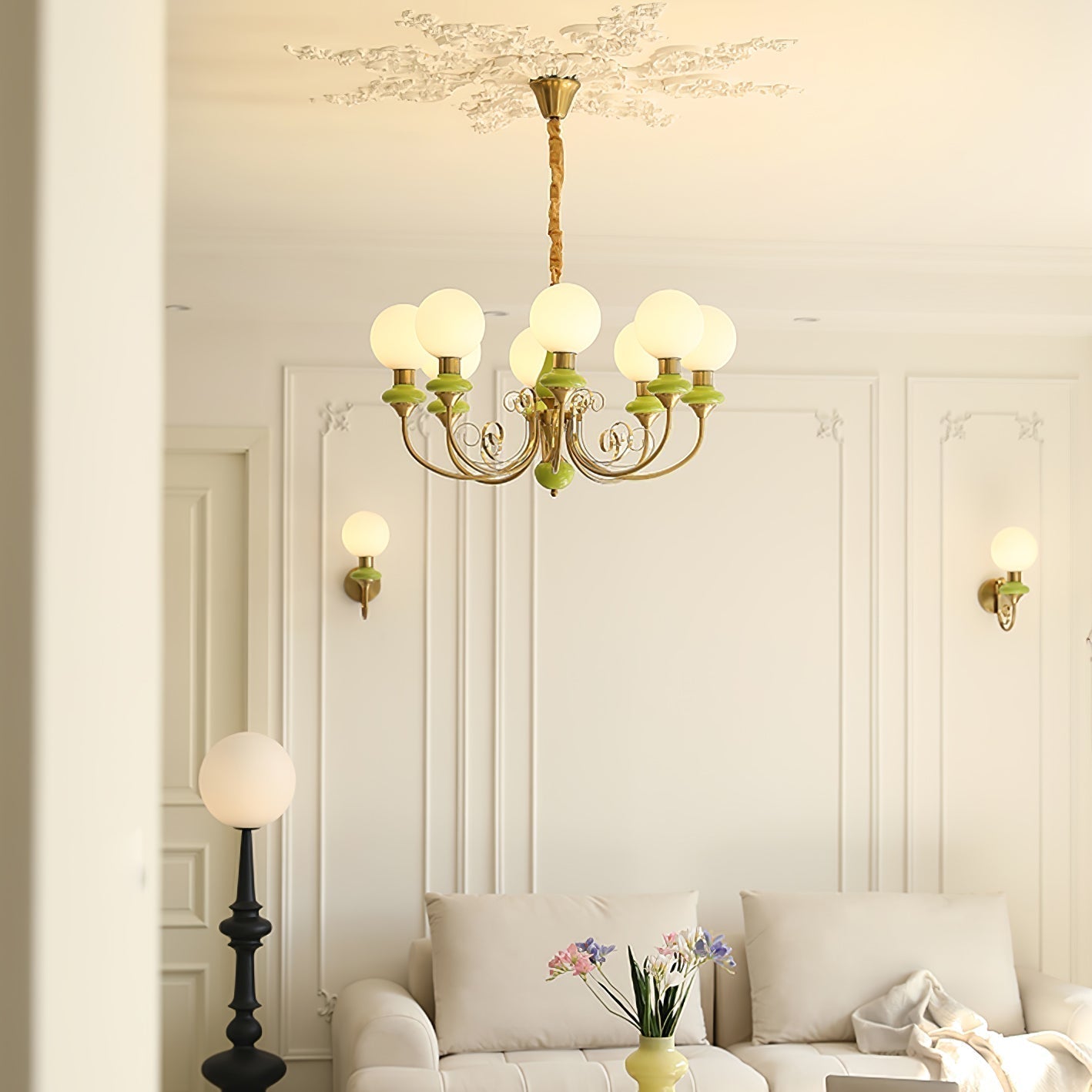 Lustra Chandelier Abat-jours Verts Bras Courbés en Or - Neutralighting