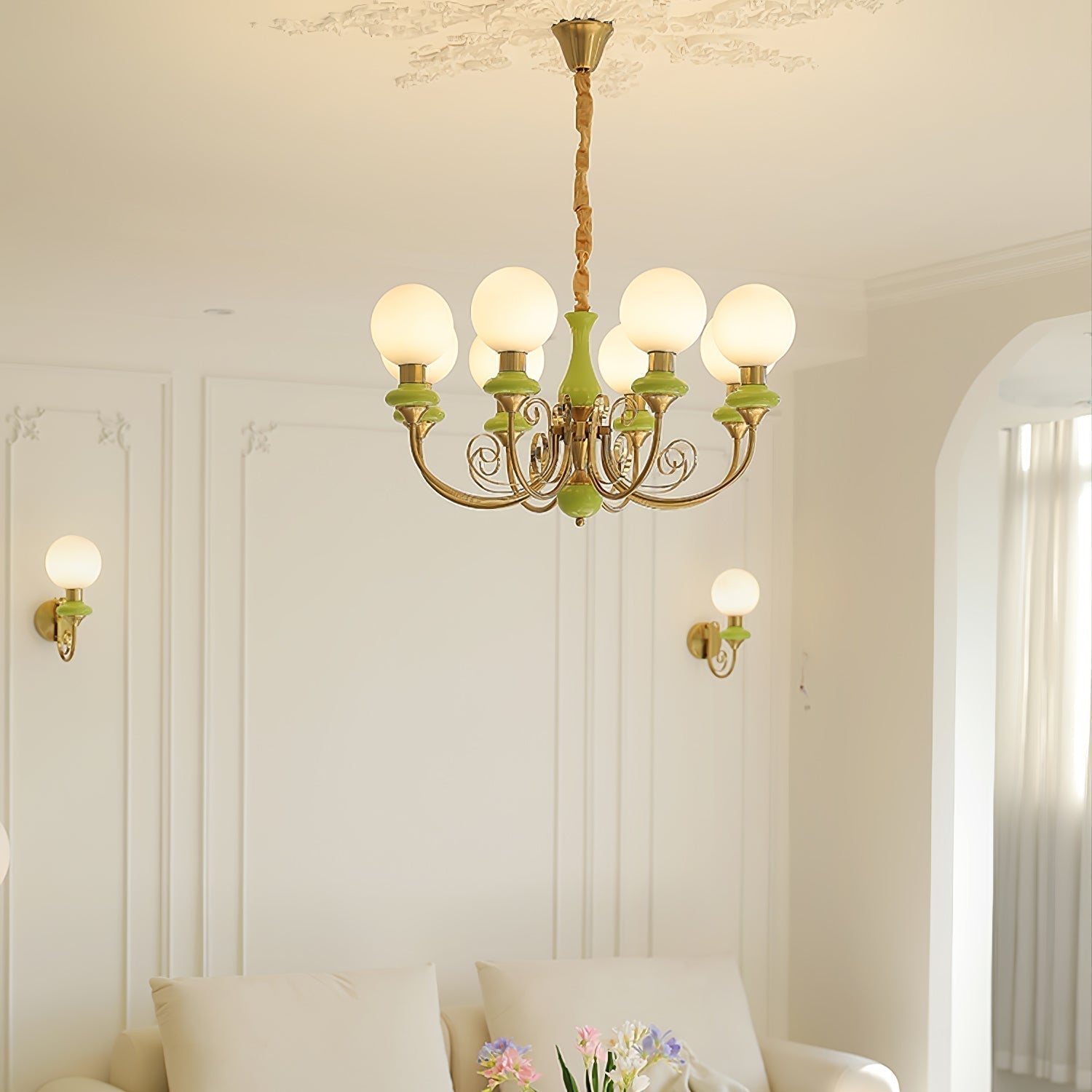 Lustra Chandelier Abat-jours Verts Bras Courbés en Or - Neutralighting