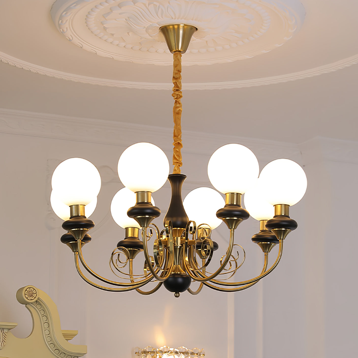 Lustra Chandelier Abat-jours Verts Bras Courbés en Or - Neutralighting
