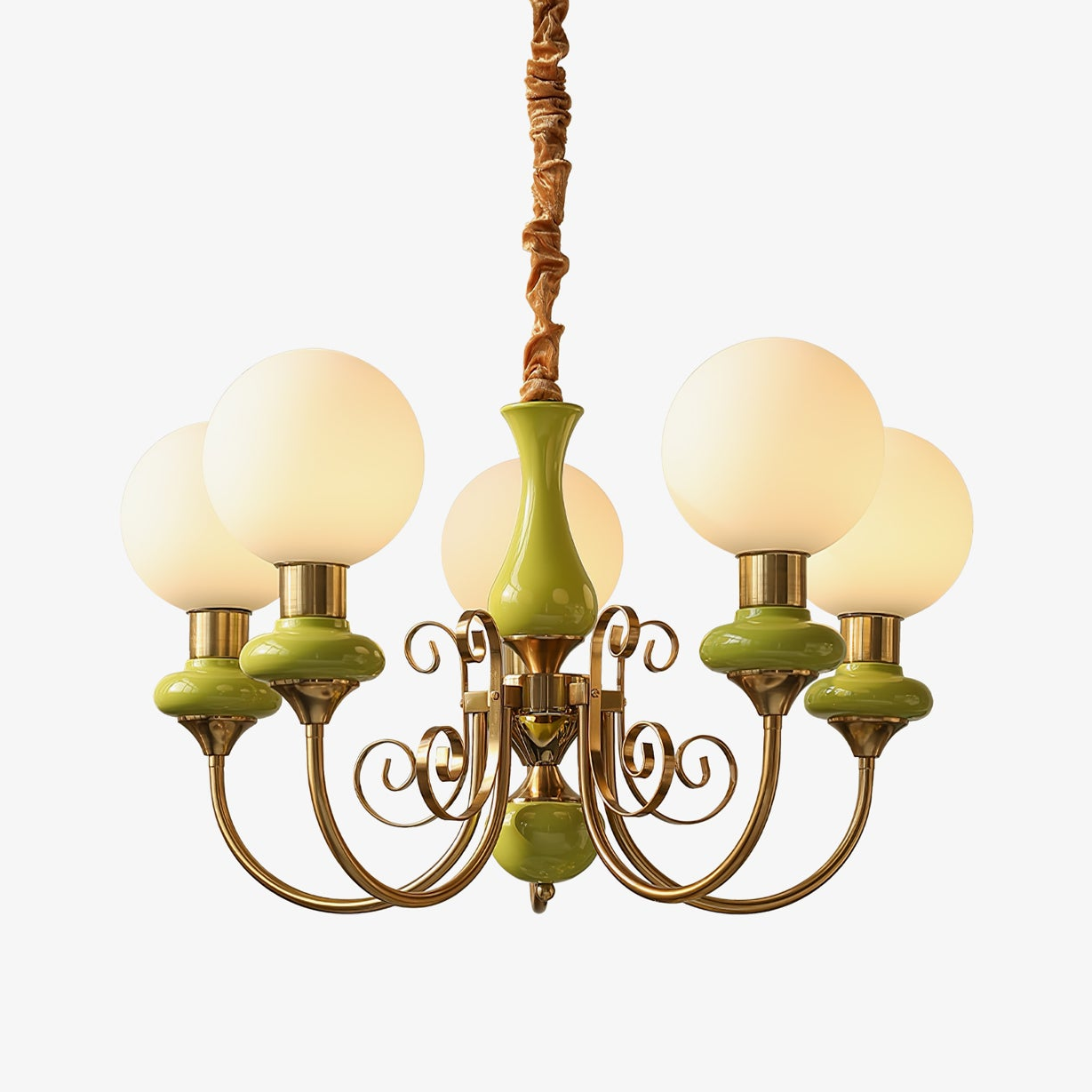 Lustra Chandelier Abat-jours Verts Bras Courbés en Or - Neutralighting