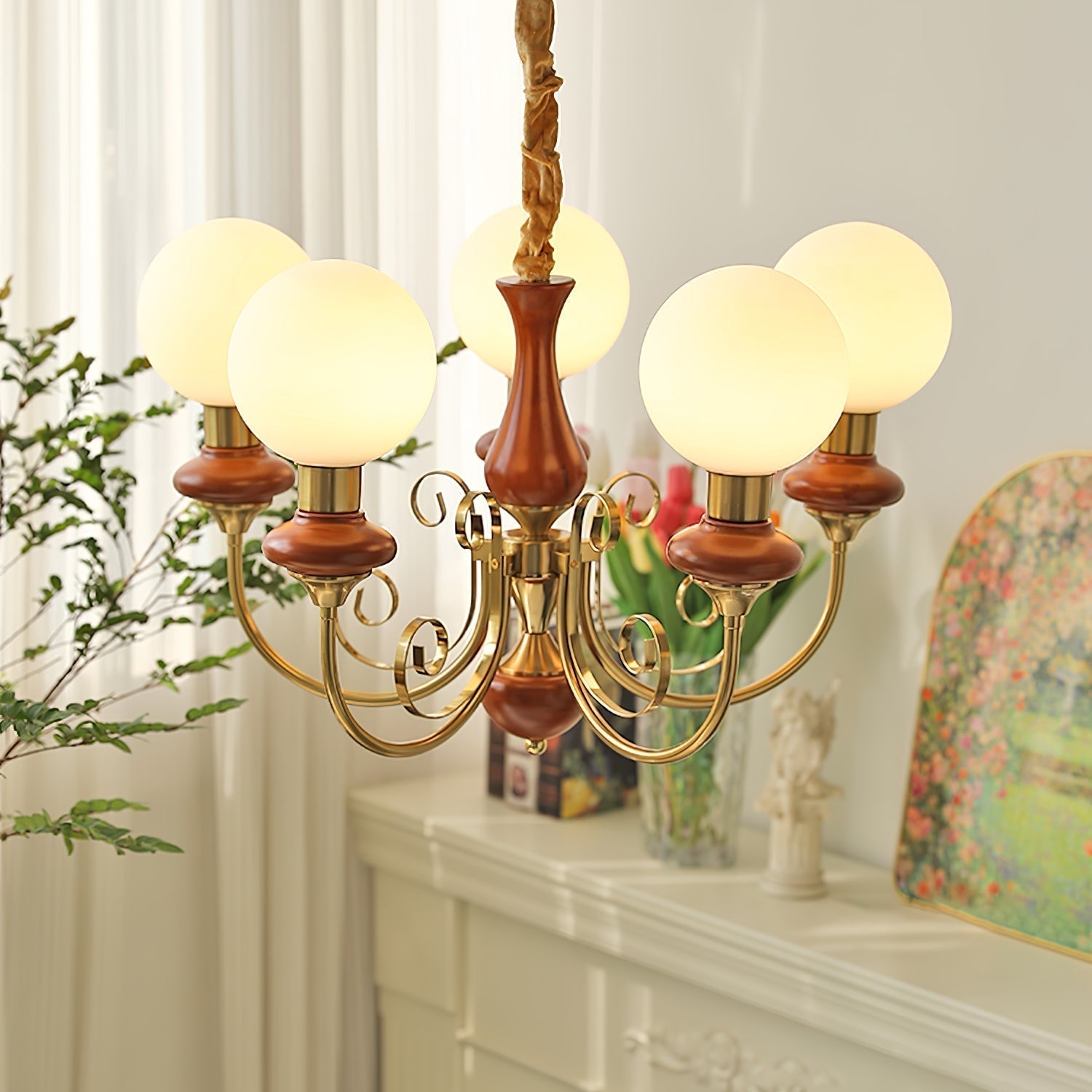 Lustra Chandelier Abat-jours Verts Bras Courbés en Or - Neutralighting