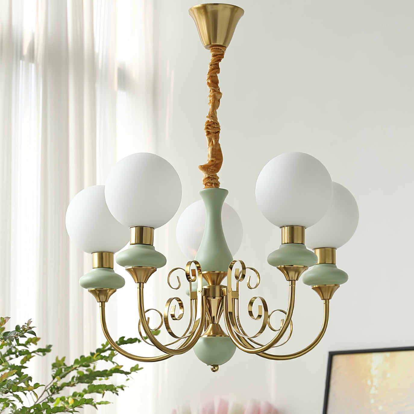Lustra Chandelier Abat-jours Verts Bras Courbés en Or - Neutralighting
