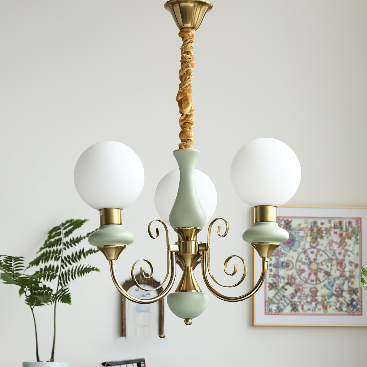 Lustra Chandelier Abat-jours Verts Bras Courbés en Or - Neutralighting