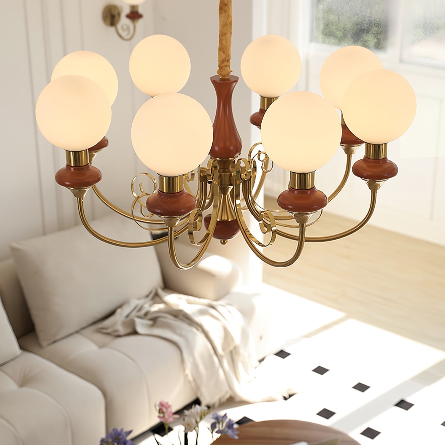 Lustra Chandelier Abat-jours Verts Bras Courbés en Or - Neutralighting
