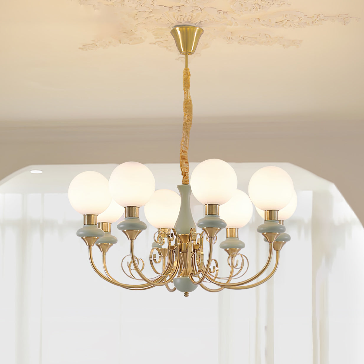 Lustra Chandelier Abat-jours Verts Bras Courbés en Or - Neutralighting